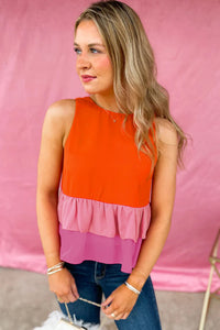 Orange Colorblock Tiered Hem Tank Top | Tops/Tank Tops