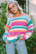 Load image into Gallery viewer, Multicolor Striped Knit Drop Shoulder Puff Sleeve Sweater | Tops/Sweaters &amp; Cardigans
