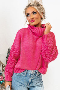 Pink Ribbed Turtleneck Fuzzy Sleeve Knit Sweater | Tops/Sweaters & Cardigans