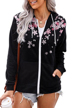 Load image into Gallery viewer, Black Cherry Blossoms Print Pocketed Zipped Hooded Coat | Outerwear/Coats
