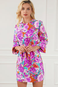 Mini Dress | Purple Floral Keyhole Back Long Sleeve Belted