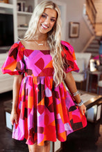 Load image into Gallery viewer, Red Abstract Print Square Neck Puff Sleeve Dress | Dresses/Mini Dresses
