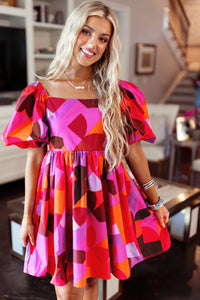 Red Abstract Print Square Neck Puff Sleeve Dress | Dresses/Mini Dresses