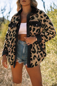 Black Contrast Trimmed Leopard Teddy Shacket | Outerwear/Jackets