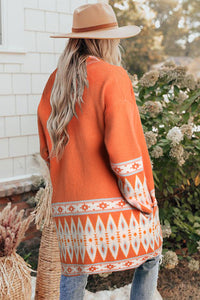 Open Knit Cardigan | Orange Printed Aztec Print Sweater