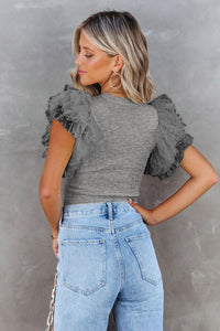 Ruffle Sleeve Top | Gray Dotty Mesh Ribbed Knit Top