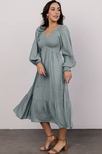 Blue Smocked V Neck Swiss Dot Ruffle Long Sleeve Dress | Dresses/Midi Dresses