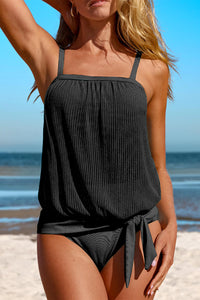 Black Striped Mesh Knotted Hem Tankini Swimsuit | Swimwear/Tankinis