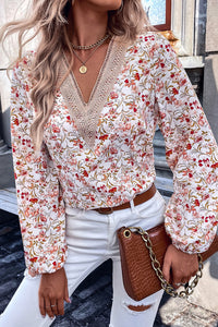 V-Neck Blouse | White Floral Long Sleeve Lace