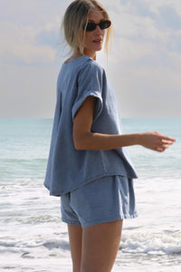 Blue Denim Shorts Set | Cuffed Sleeve Tee Elastic Shorts Set