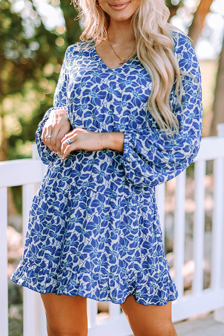 Blue Sky Blue/Blue/Apricot V Neck Lantern Sleeves Floral Tunic Dress | Dresses/Floral Dresses