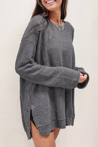 Gray Waffle Knit High Slits Oversized Top | Tops/Long Sleeve Tops