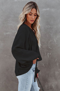 Black Tie V Neck Pleated Puff Sleeve Satin Blouse | Tops/Blouses & Shirts