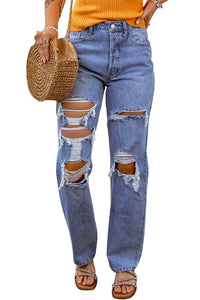 Sky Blue Heavy Destroyed Big Hole Boyfriend Jeans | Bottoms/Jeans