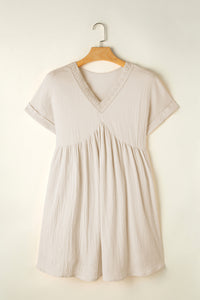 Beige Folded Short Sleeve Lace V Neck Mini Dress | Dresses/Mini Dresses