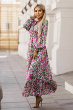 Load image into Gallery viewer, Green Floral Print Deep V Neck Ruched Cinched Waist Maxi Dress | Dresses/Floral Dresses
