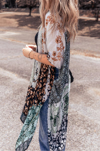 Bohemian Kimono | Green Floral Print Irregular Hem Kimono