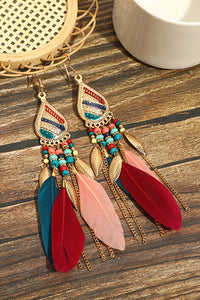 Tassel Hook Earrings | Red Bohemian Feathered Beaded