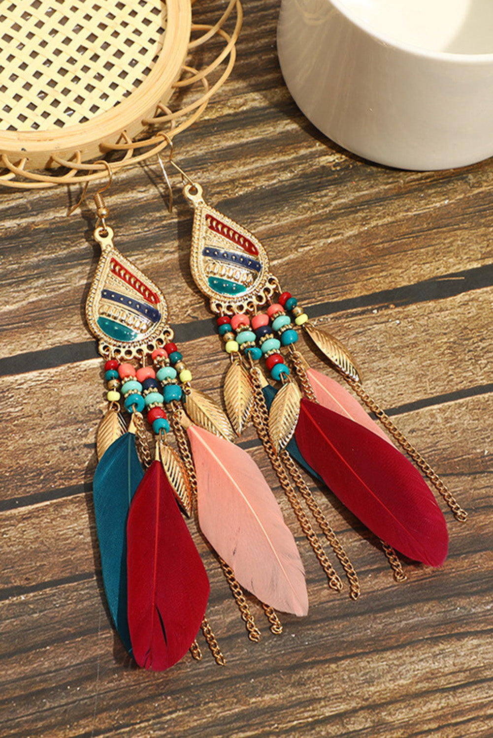 Tassel Hook Earrings | Red Bohemian Feathered Beaded