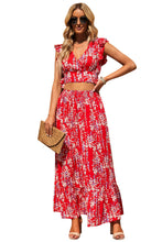 Load image into Gallery viewer, Fiery Red Multicolor Floral Ruffled Crop Top and Maxi Skirt Set | Two Piece Sets/Two Piece Dresses
