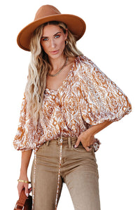 Drawstring Blouse | Brown 3/4 Sleeve Top