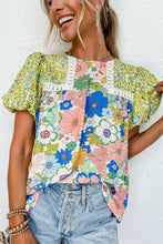 Load image into Gallery viewer, Green Bubble Sleeve Lace Trim Floral Mixed Print Blouse | Tops/Blouses &amp; Shirts
