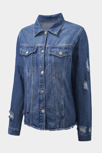 Blue Lapel Distressed Raw Hem Buttons Denim Jacket | Outerwear/Denim jackets