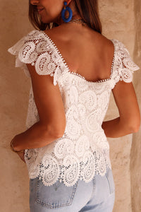 White Lace Crochet Ruffled Square Neck Tank Top | Tops/Tank Tops