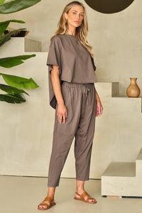 Crop Pants Set | Taupe High Low Boxy Fit Tee and Pants