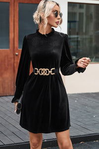 Black Velvet Frill Neck Long Sleeve Shift Dress | Dresses/Mini Dresses