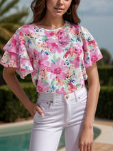 Load image into Gallery viewer, Womens Blouse | Floral Round Neck Flutter Sleeve Blouse | Tops/Blouses &amp; Shirts
