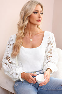 Lace Sleeve Sweater | White Crochet Knit Top