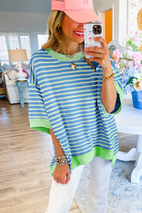 Hi Low T Shirt | Sky Blue Stripe Oversized Contrast Trim Top