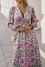 Load image into Gallery viewer, Green Floral Print Deep V Neck Ruched Cinched Waist Maxi Dress | Dresses/Floral Dresses
