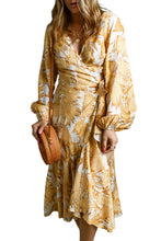 Load image into Gallery viewer, Floral Print Dress | Yellow V Neck Lace Up Bubble Sleeves
