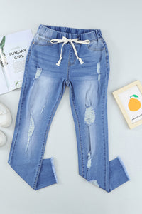 Sky Blue Drawstring Elastic Waist Hole Ripped Jeans | Bottoms/Jeans