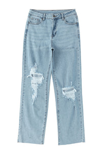 Straight Leg Jeans | Sky Blue Distressed Frayed Hem Holed