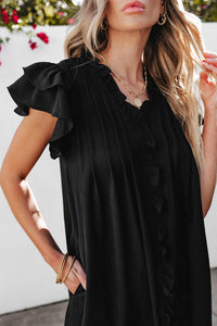 Black Ruffle Sleeve V Neck Frilled Shift Dress | Dresses/Mini Dresses