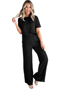 Wide Leg Pants Set | Black Solid Color T Shirt 2 Piece Set