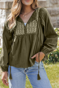 Pleated Loose Blouse | Green Embroidered Split Neck