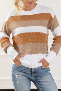 Chestnut Striped Cable Knit Drop Shoulder Sweater | Tops/Sweaters & Cardigans