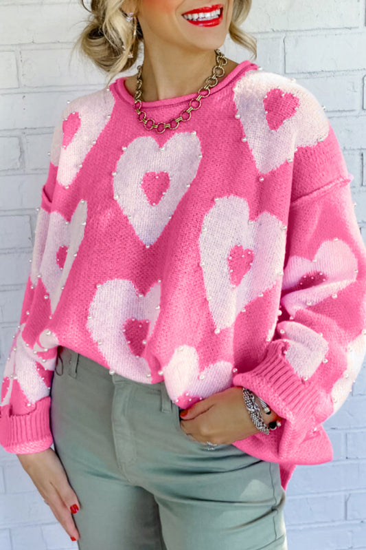 Bonbon Pearl Beaded Heart Drop Shoulder Sweater | Tops/Sweaters & Cardigans