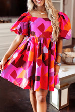 Load image into Gallery viewer, Red Abstract Print Square Neck Puff Sleeve Dress | Dresses/Mini Dresses
