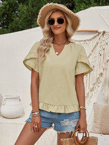 Ruffled Notched Petal Sleeve Blouse | Tops/Tank Tops