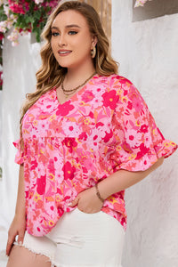 Rose Floral Print Ruffled Half Sleeve Plus Size Babydoll Blouse | Plus Size/Plus Size Tops/Plus Size Blouses & Shirts