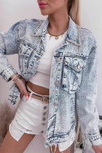 Load image into Gallery viewer, Mist Blue Retro Rhinestone Fringed Collar Light Wash Denim Jacket
