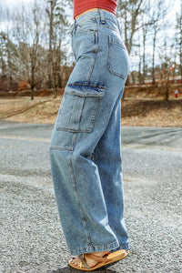 Sky Blue Cool Cargo Style Wide Leg Jeans | Bottoms/Jeans