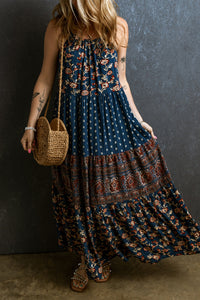 Bohemian Maxi Dress | Blue Floral Splicing Sleeveless Dress