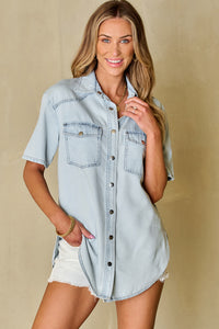 Mist Blue Vintage Light Wash Flap Pockets Rounded Hem Shirt | Tops/Blouses & Shirts