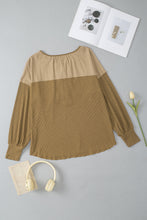 Load image into Gallery viewer, Khaki Ribbed Patchwork Drop Shoulder Buttoned Neckline Blouse
